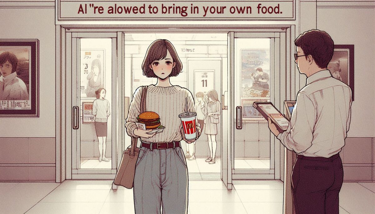 映画館にハンバーガーとドリンクを持ち込むがスタッフに注意される女性