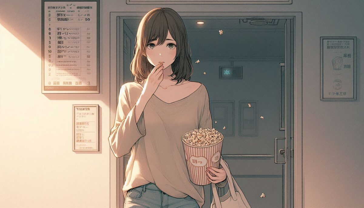映画館で買ったポップコーンを食べきれず持て余している女性