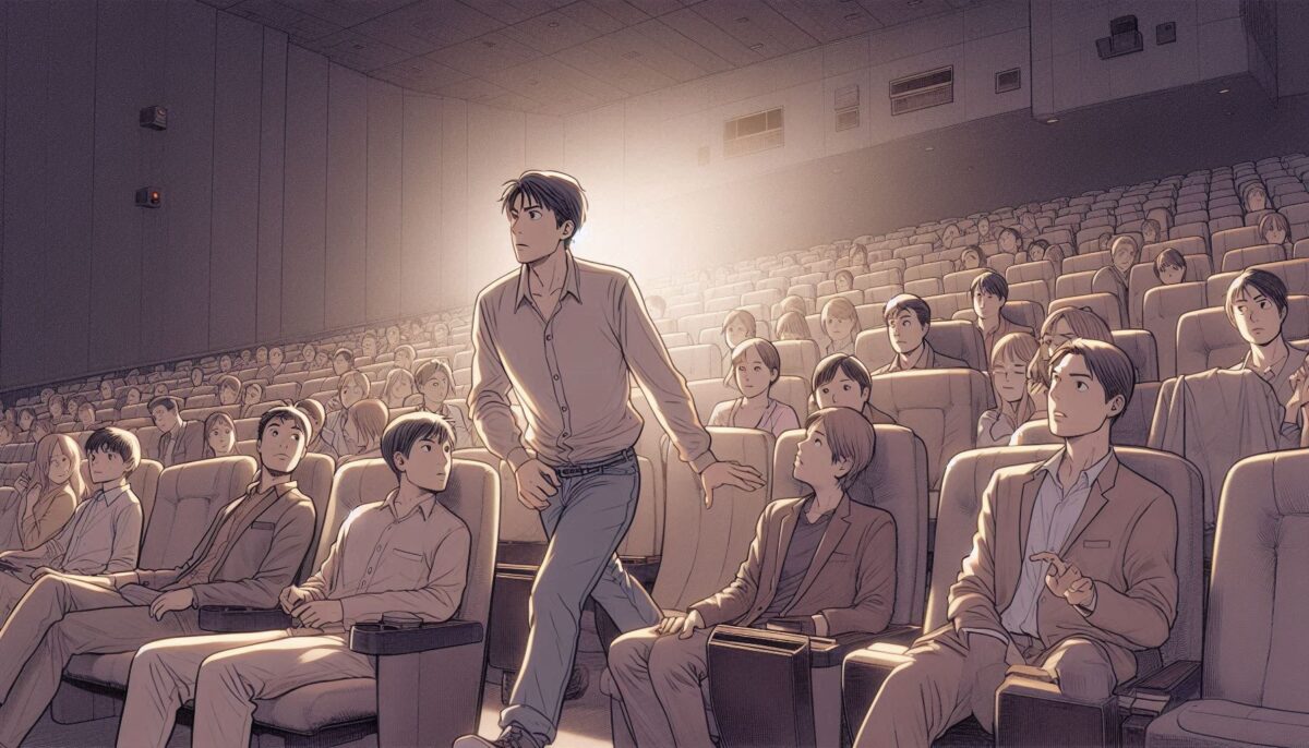 映画館で途中退出しようと座席から立ち上がって歩き出した男性