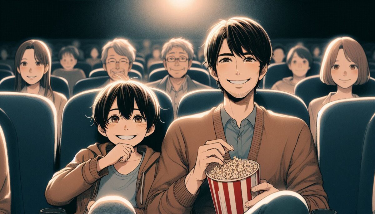 ポップコーンを食べながら並んで映画鑑賞する親子