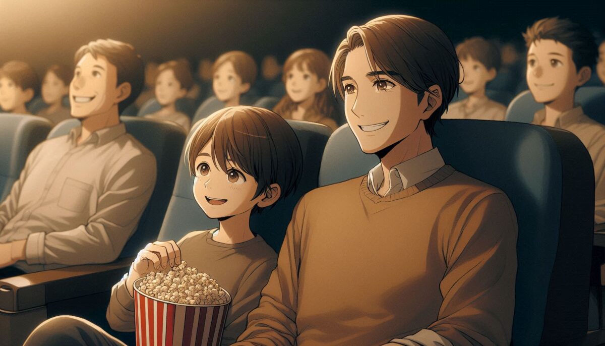 ポップコーンを食べながら楽しそうに映画鑑賞する親子