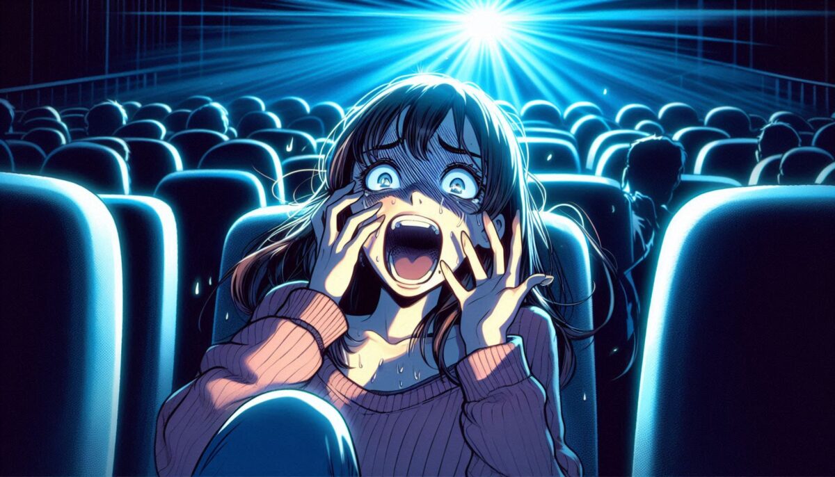 ホラー映画の鑑賞中に恐怖で絶叫している女性