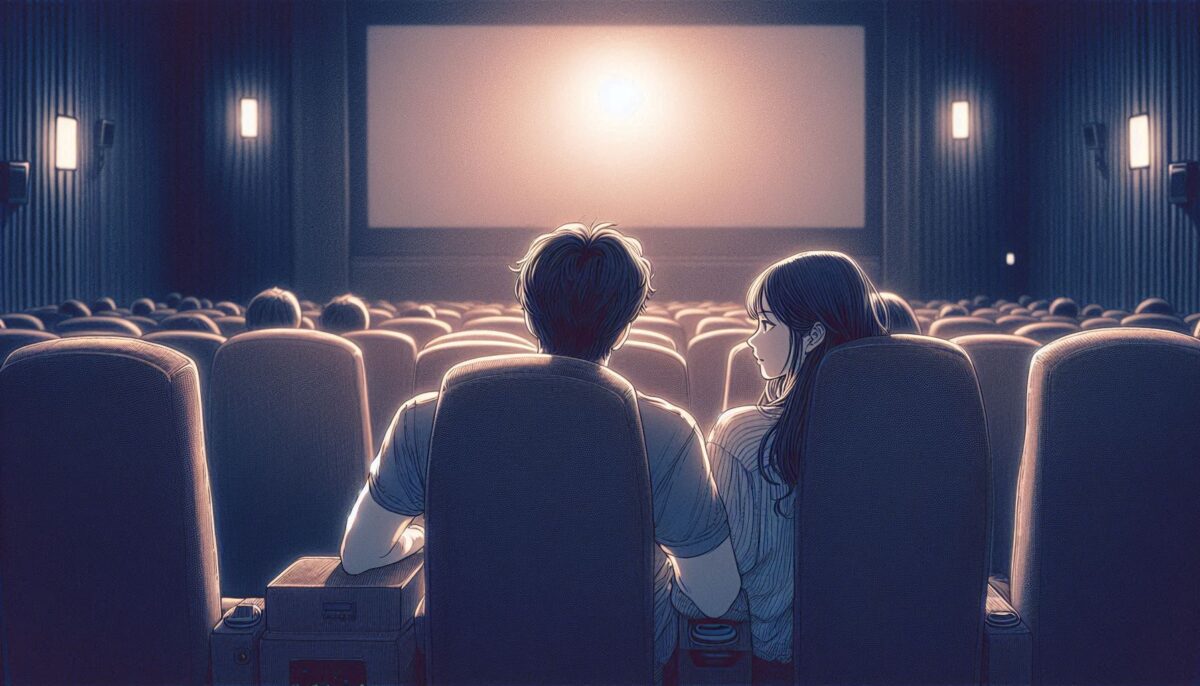 映画館のいちばん後ろの席に座って鑑賞するカップル