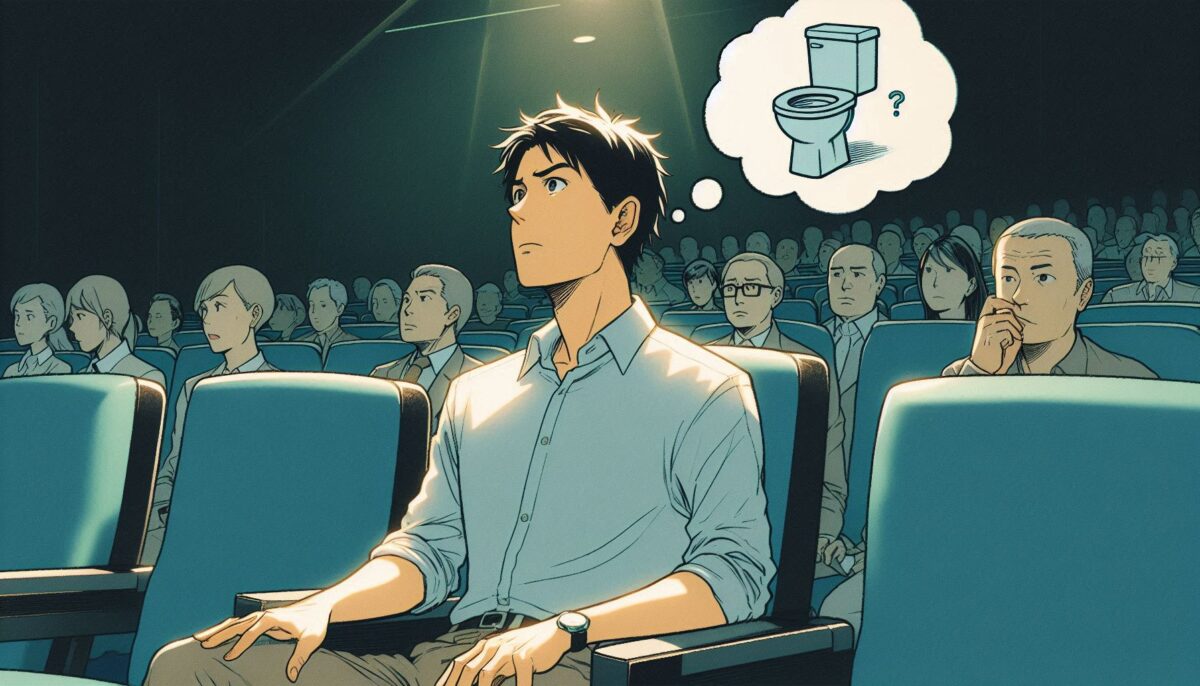 映画館で鑑賞中の男性がトイレに行こうか迷っている